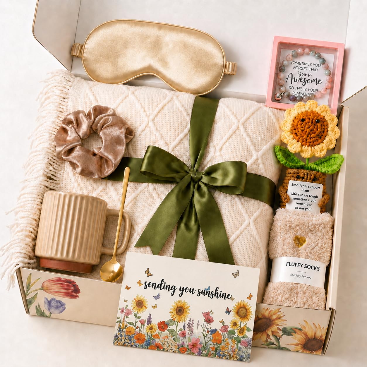 Ebzoyor Birthday Gifts for Women, Sending Sunshine Sunflower Care Package Gift Basket, 10 Pcs Get Well Soon Self Care Gift Box for Her with Blanket, Thinking of You Gifts for Mom Wife Sister Friend