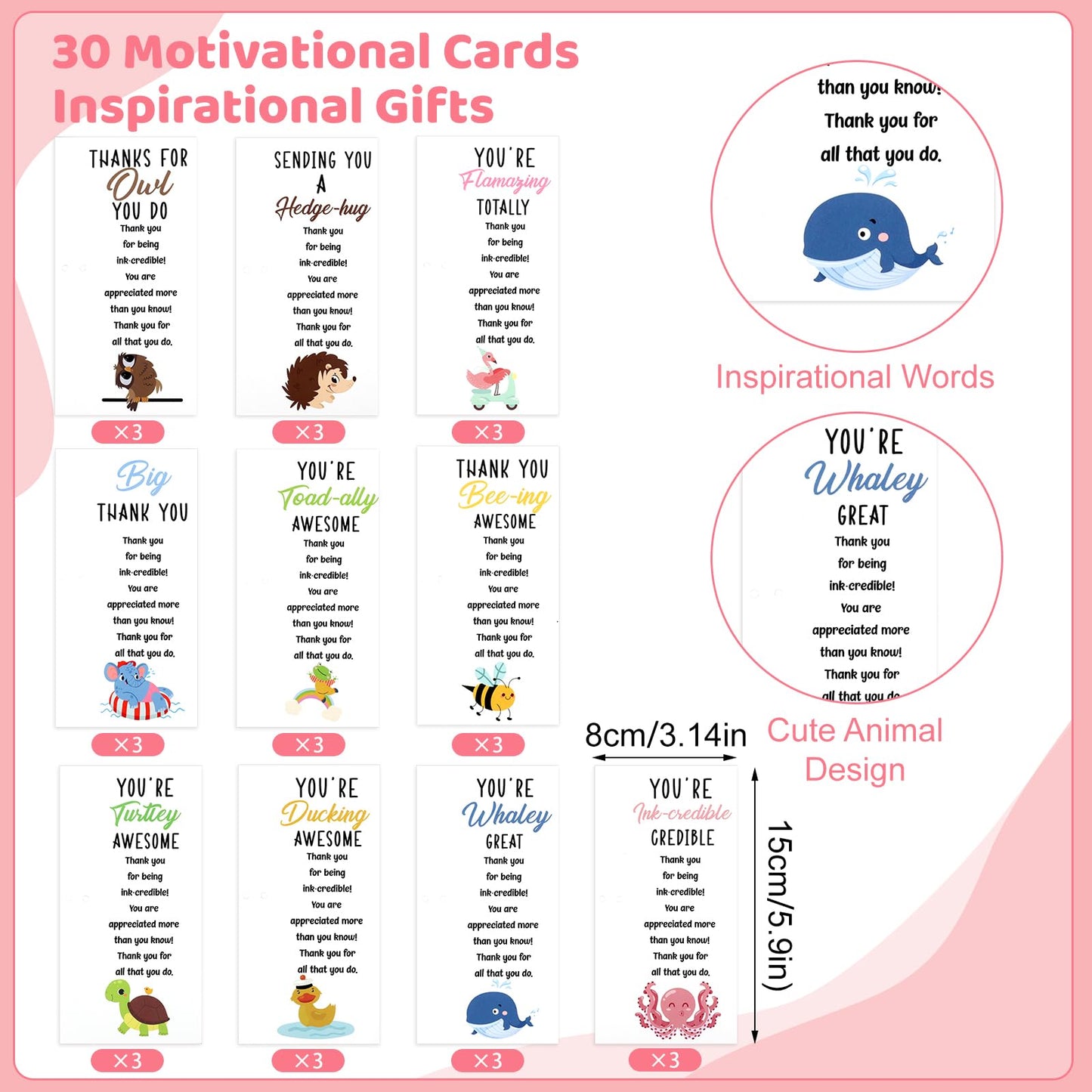 BESARME 30 Sets/90 Pcs Employee Appreciation Gifts Bulk For Coworkers Staff Thank You Gifts Teacher Appreciation Gift Funny Animals Pen with Motivational Card and Bags for Office