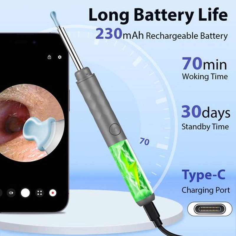FINSOFT Ear Wax Removal Tool Camera, Ear Cleaner with Camera, Ear Wax Removal Cleaning Kit with 1296P HD Camera and 6 LED Lights, Earwax Removal Kit with 10 Ear Pick for iOS and Android, Grey