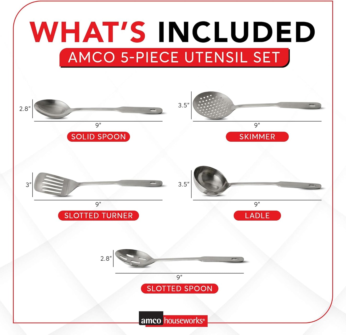 Amco 5-Piece Stainless Steel Cooking Utensil Set | Durable & Easy to Clean Kitchen Tools
