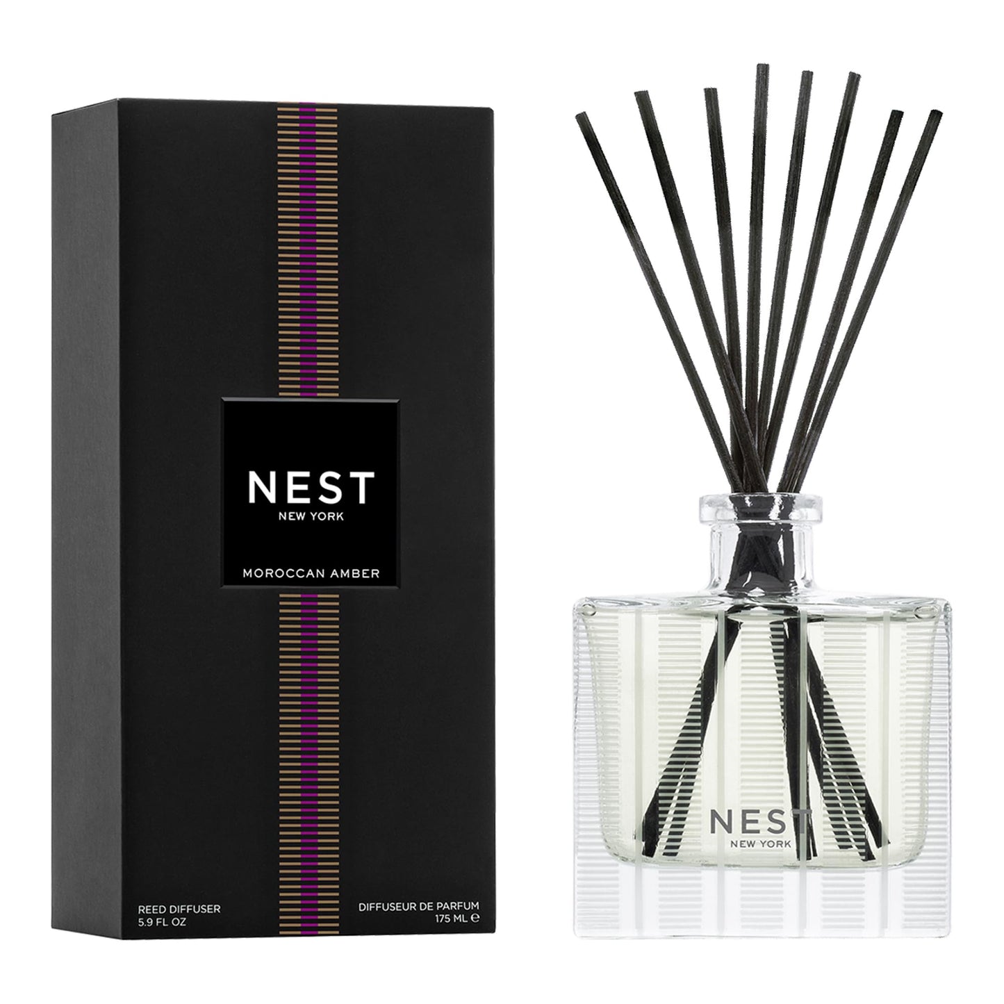 NEST New York Reed Diffuser, Moroccan Amber - 5.9 fl oz - Fragrance for Up to 90 Days - Reusable, Refillable Glass Holder - Includes 8 All-Natural Reed Sticks - Flame Free