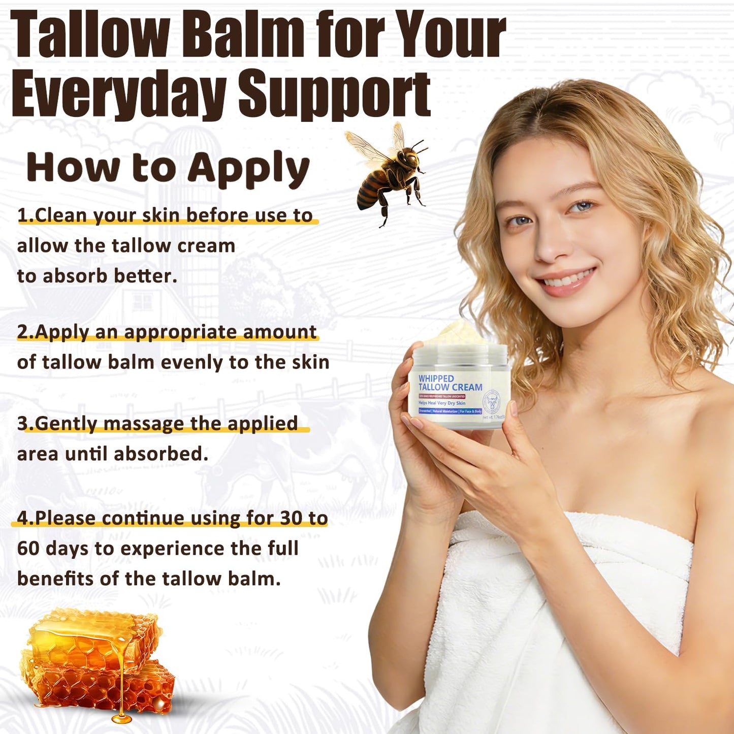 JIIANERY Beef Tallow for Skin, Natural Beef Tallow for Face, 100% Organic Grass Fed Finished Whipped Tallow and Honey Balm, Tallow Cream for Skin Care, Tallow Face Moisturizer Body Lotion