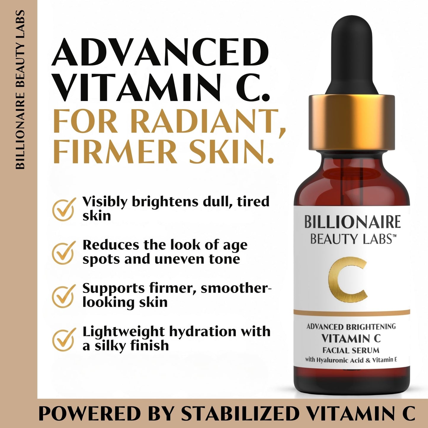 Billionaire Beauty Labs Vitamin C Serum for Face - Anti Aging Brightening Serum with Hyaluronic Acid & Vitamin E - Hydrating Facial Serum for Radiance, Fine Lines & Wrinkles - Made in USA 1 fl oz