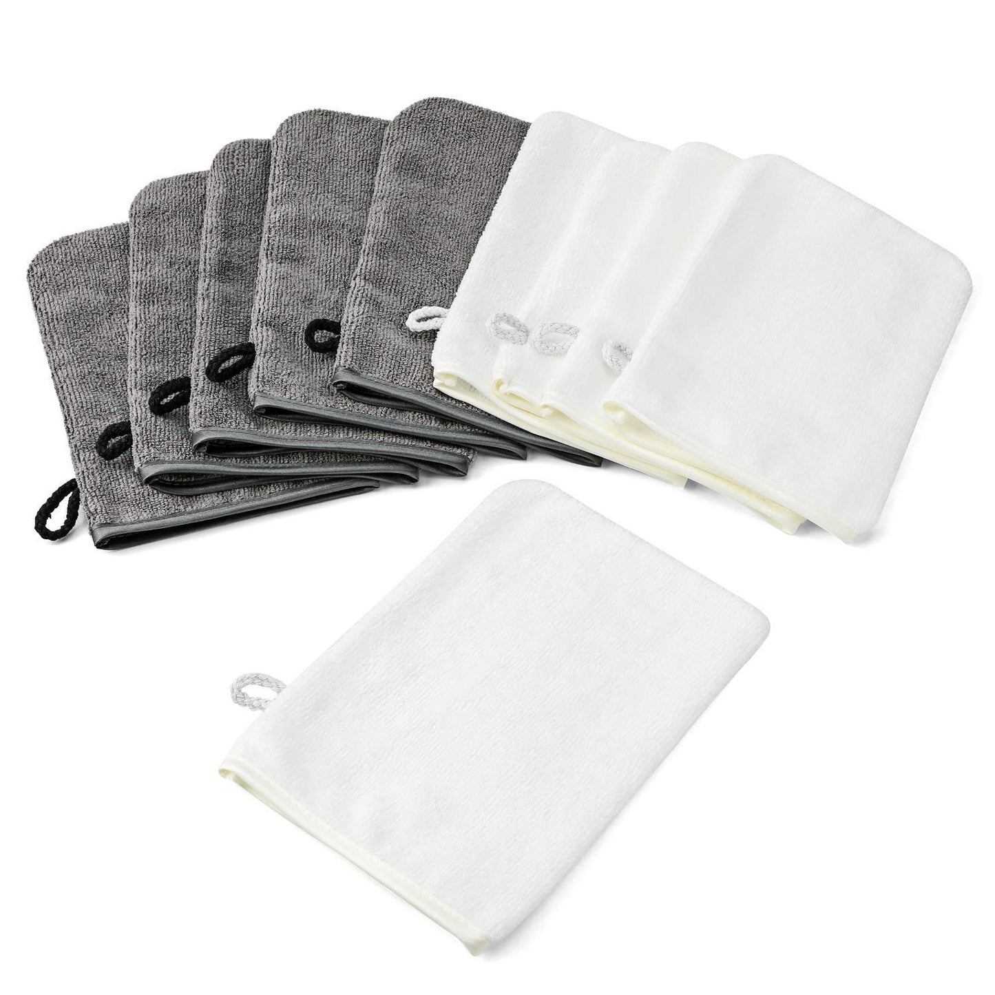 PHOGARY 10Pack Microfiber Wash Mitts, Soft Face Mittens, Reusable Remover, 6×8in, White, Grey