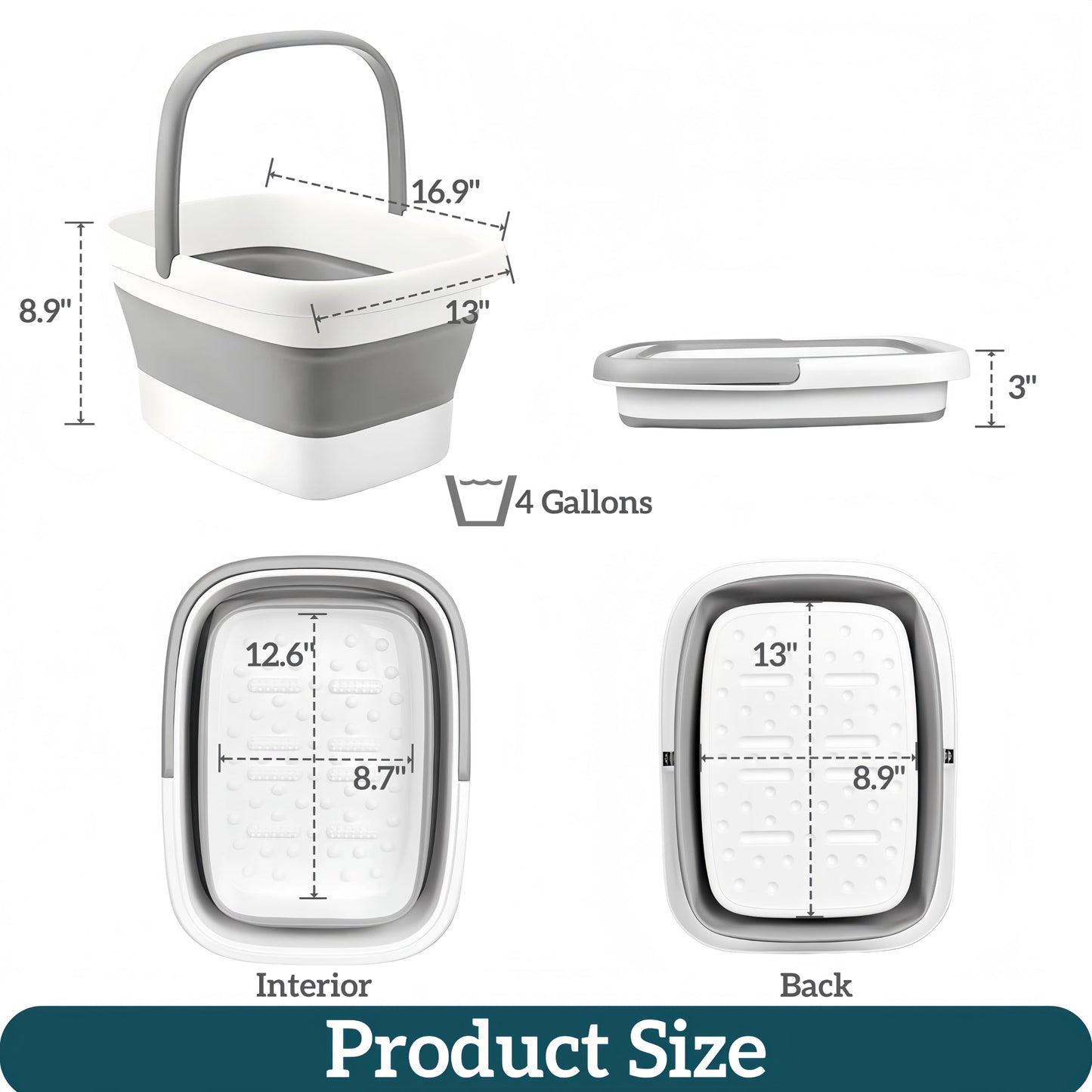 GIMWA Collapsible Foot Bath Soaking Tub, 4 Gallons (15L) Portable Foot Soaker with Massage Nodes, Plastic Foot Basin for Home Spa Pedicure, Space-Saving Feet Soaking Bowl (Gray)