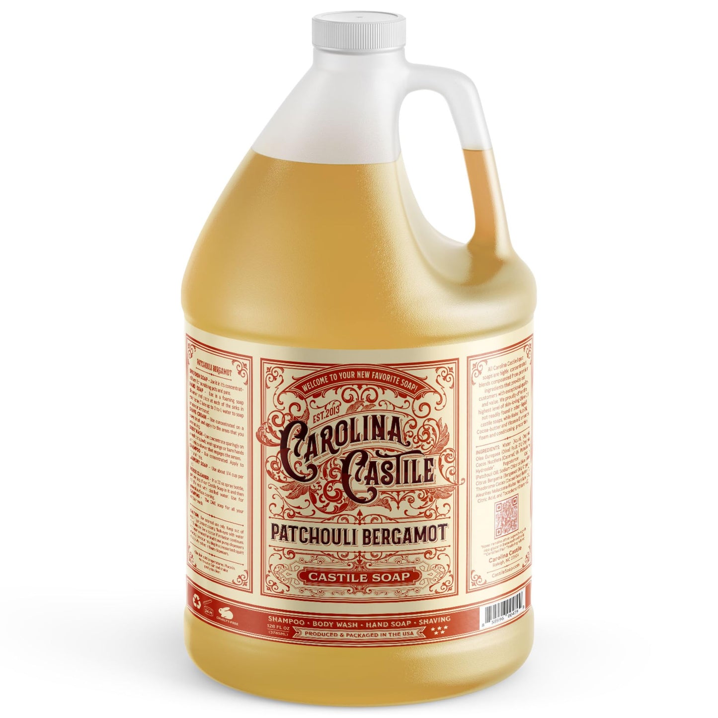 Carolina Castile Soap Patchouli Bergamot Scented Castile Soap - Certified Organic, High Olive Oil Content, Non-Drying, Made with Organic Oils, Concentrated Natural Soap for Men and Women
