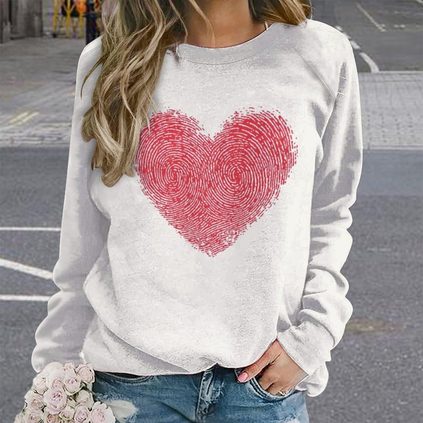 Valentines Shirts for Women Plus Size Long Sleeve Pullover White Valentines Sweater Fingerprint Red Heart Heart-Shaped Pattern Casual Graphic Crewneck Valentines Day Sweatshirt Blouses Tops,3XL