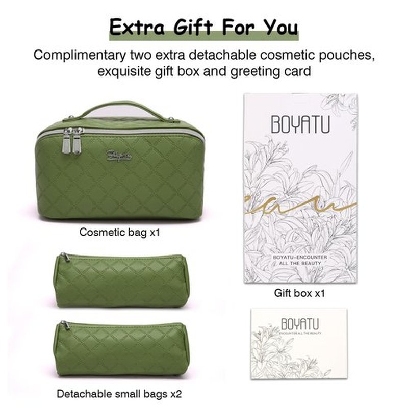 Travel Makeup Bags Cosmetic Organizer Bag: 3-Set Large Capacity Make up Bag - PU Leather Toiletry Bag for Women - Wide Open Portable Pouch with Divider & Handle (07-Green-1)