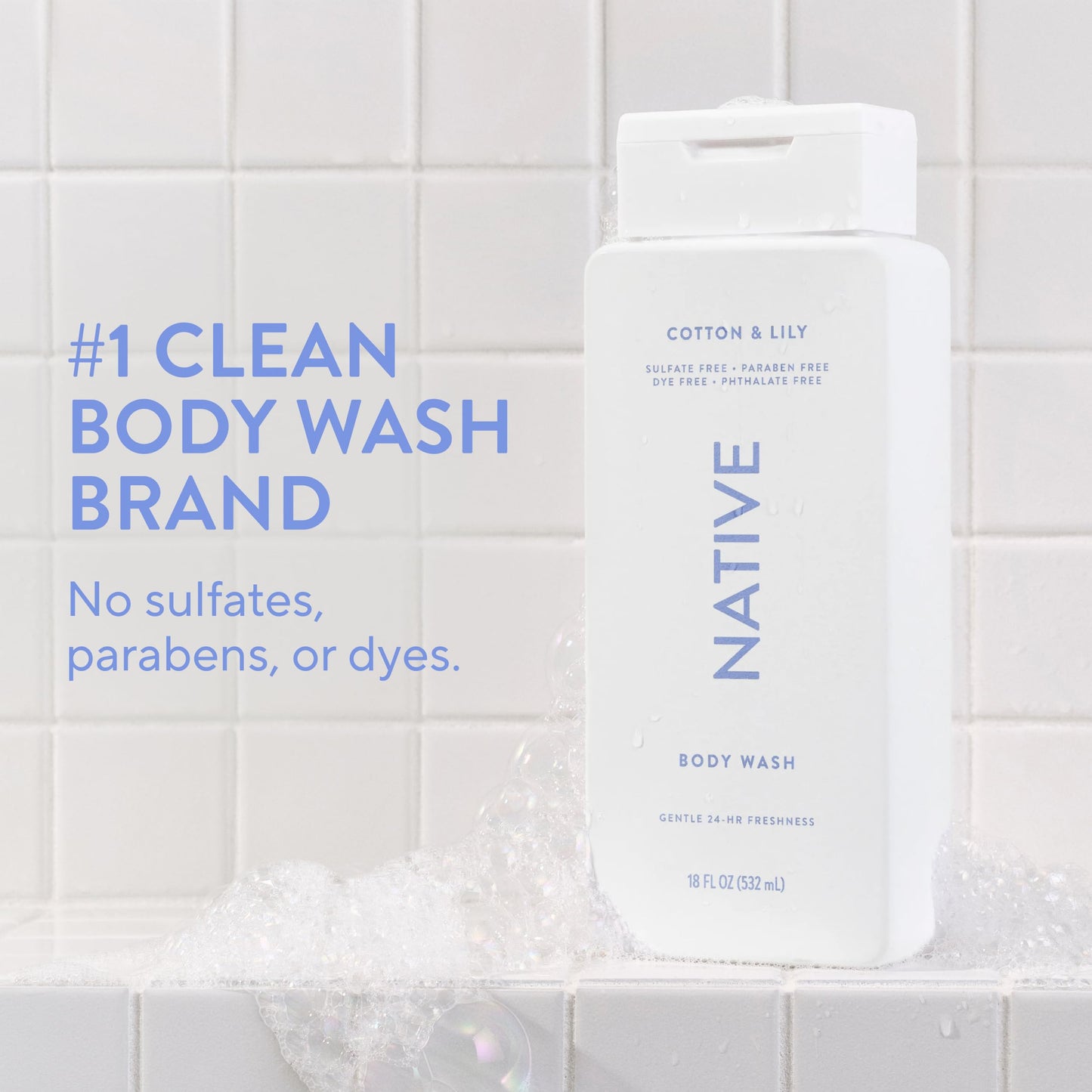 Native Cotton & Lily Scent 24-Hr Refreshing Clean Body Wash for Women & Men, for All Skin Types Incl. Sensitive, Leaves Skin Feeling Clean & Soft, Free of Phthalates, Sulfates & Parabens, 18 oz