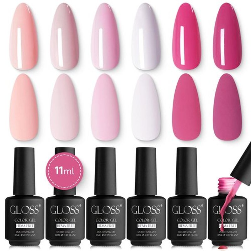 GLOSS HEMA Free Gel Polish Set | 6 Pcs Pink Gel Nail Polish with Nude Pink, Light Pink, Pink, Pastel Pink, Dark Pink, Fuchsia Colors, UV LED Gel Nail Polish, Manicure Salon DIY at Home Gifts for Girls