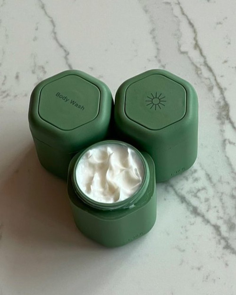 Cadence Travel Containers - Body Care Capsule Set - Magnetic Travel Capsules - For Body Wash, Lotions, Sunscreens - 3 Flex Mediums (1.32oz) with Body Wash, Lotion, & Sun Icon Labels - Evergreen