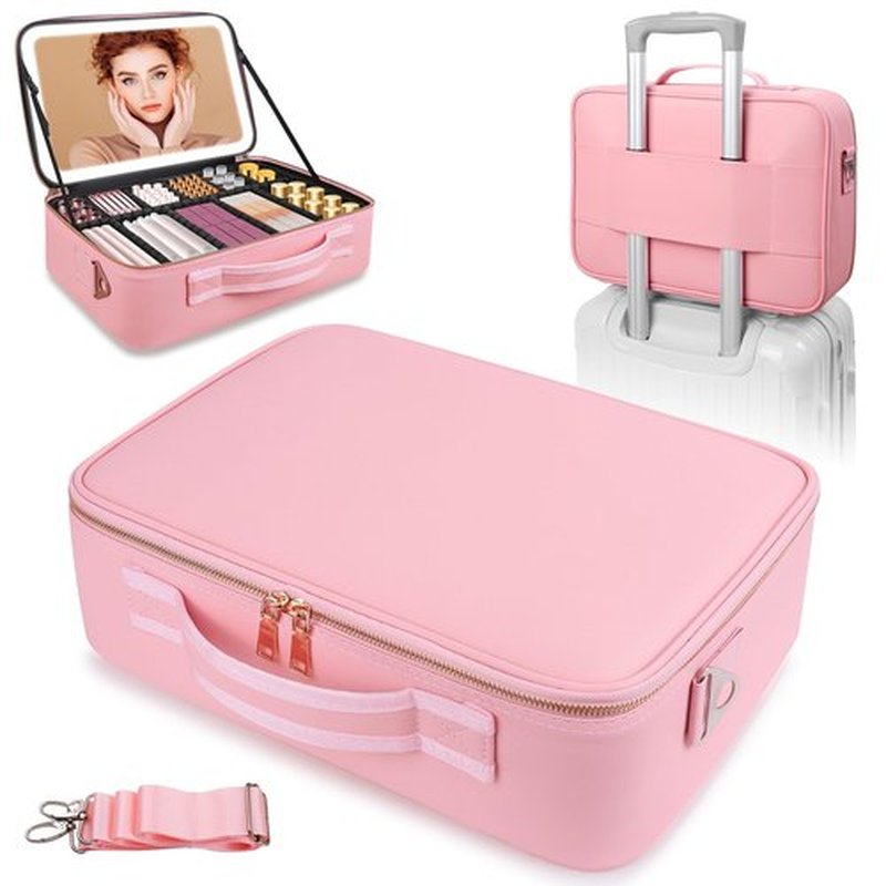 15“×11“ Large Pink Makeup Bag with Mirror, Personal Item Travel Bag with Makeup Mirror 3 Lights, Waterproof Train Case with Mirror and Light Adjustable Dividers,Large Professional Lighted Makeup Case