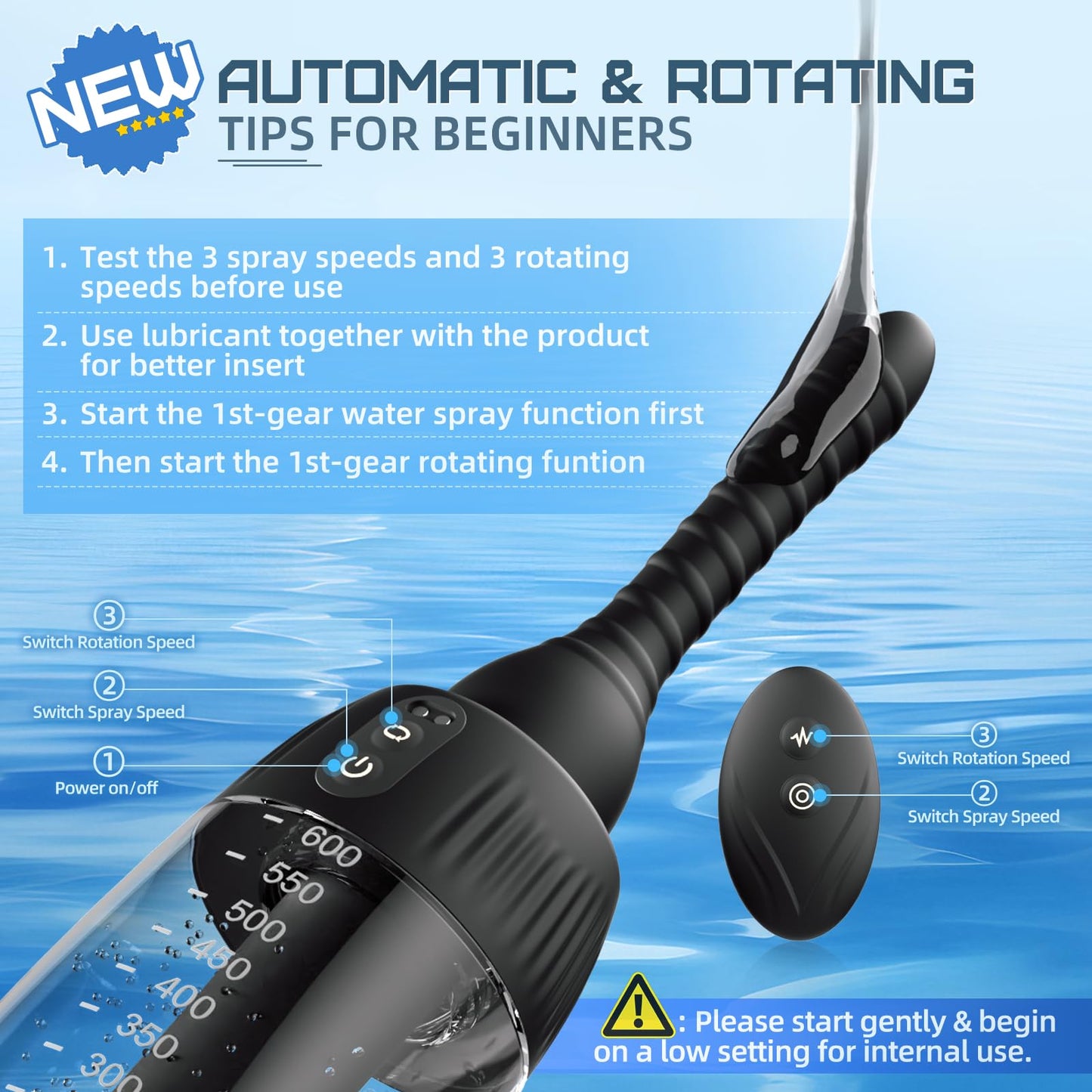 Anal Douche Automatic Rotating Enema - 20oz Douches for Men & Women 360° Deep Cleansing 5 Spouts with 3 Speeds of Rotation & Spray, Anti-Backflow Electric Enema Bulb Remote Control Silicone Enema Kit