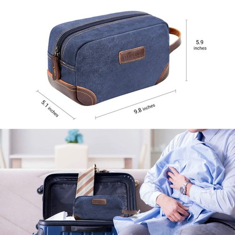 emissary Men's Toiletry Bag, Leather and Canvas Travel Toiletry Bag, Dopp Kit for Men, Travel Bathroom Bag Men's Shaving Kit, Travel Kit Small Bags for Men, Shaving Bag for Travel Accessories (Blue)