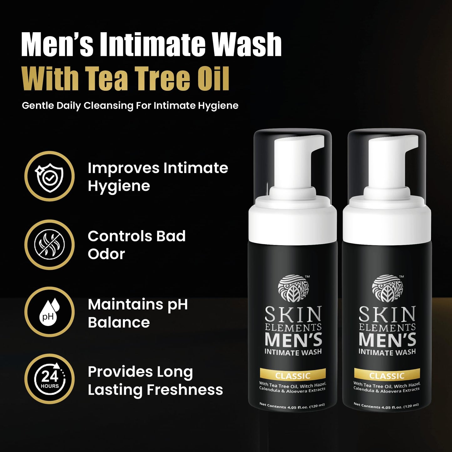 Skin Elements Intimate Wash for Men with Tea Tree Oil | pH Balanced Foaming Hygiene Wash | Control Bad Odor & Unwanted Sweat | Refreshes Intimate Area | 240 ml | Pack of 2