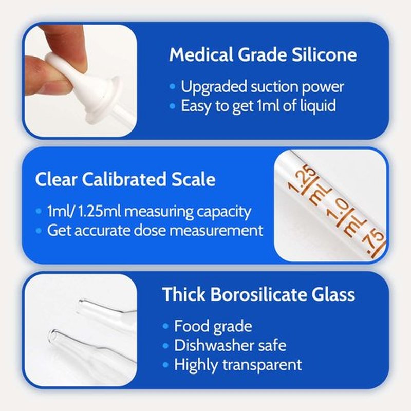 BAKOTAKA 6 Pack, Glass Eye Dropper with Measurement, (3 Bent & 3 Straight) 1mL Capacity - Deliver Correct Dose Calibrated Glass Medicine Droppers for Oils, Feeding, Ear, Lab, Health Care, White