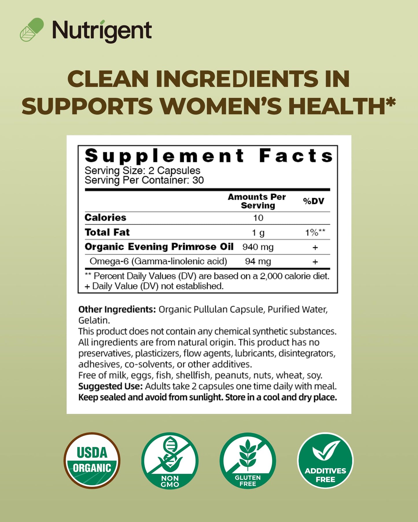 Nutrigent Organic Evening Primrose Oil Supplement, 940 mg 100% Pure with 10% GLA, High Absorption Liquid Organic Capsules, Promotes Women's Health & Skin Health, Cold Pressed, 60 Count