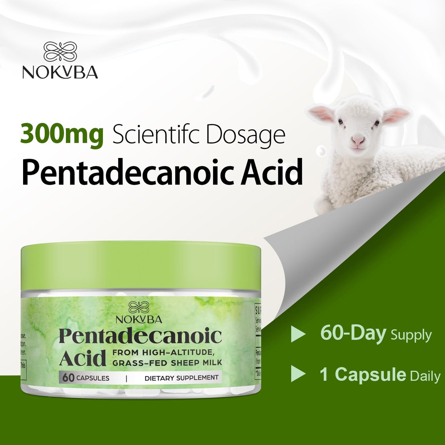 Nokuba Pentadecanoic Acid C15:0 Supplements 300mg High-Altitude Sheep Milk Sourced | 60 Capsules