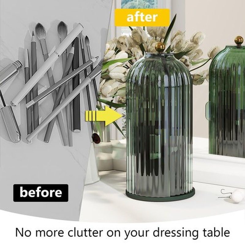 Emljkvp Makeup Brush Holder with Dustproof Cover 360 Rotating Makeup Brush Organizer for Vanity Bathroom, All Green