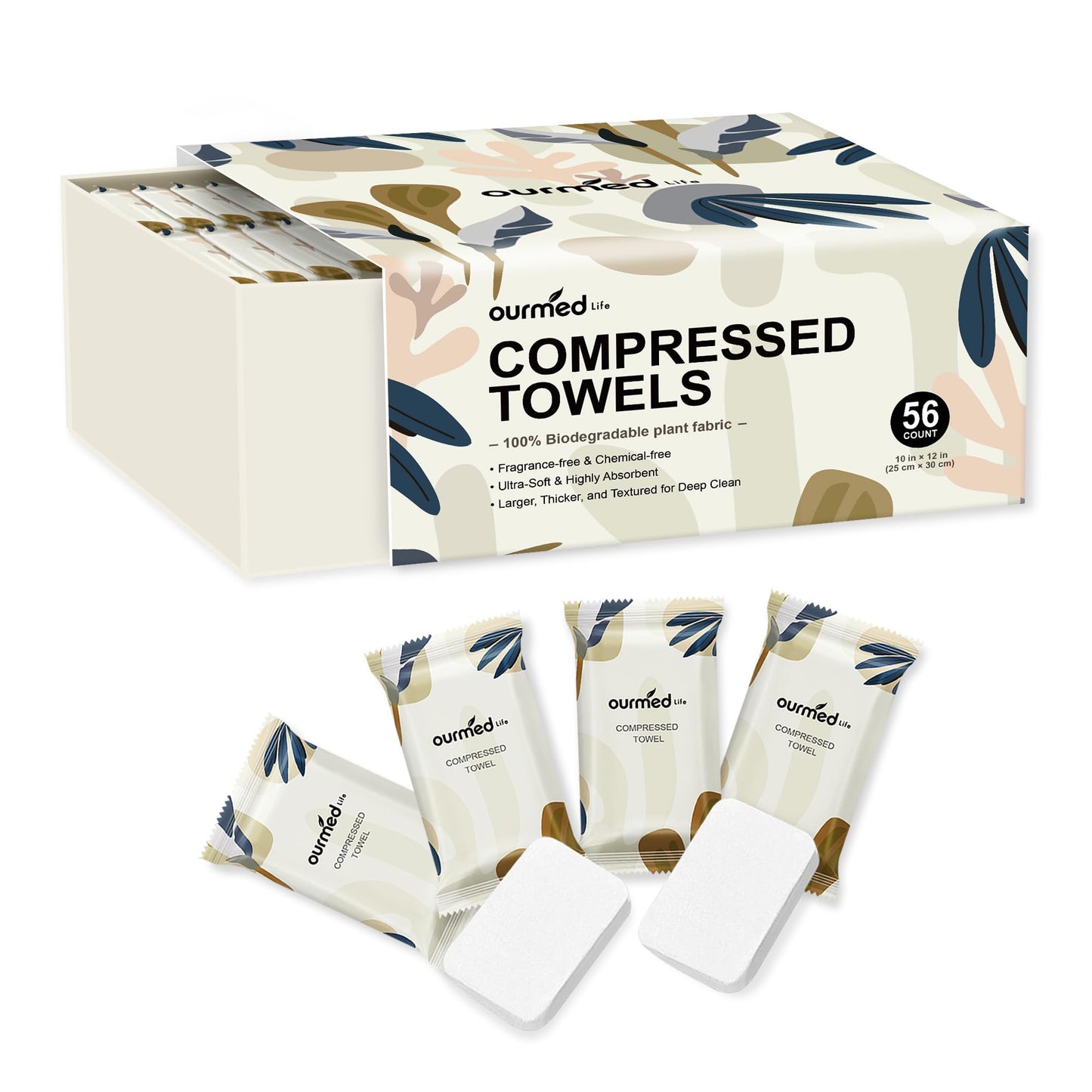 Ourmed Life Compressed Towel Tablets – Portable, Individually Wrapped Disposable Face Towels, Quickly Expand with Water, Soft & Lint-Free, 12‘’x10‘’ for Travel, Camping, Hiking, Backpacking (24 Count)