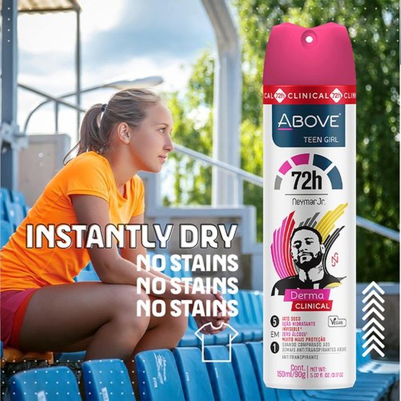 ABOVE 72 Hours Derma Clinical Antiperspirant Deodorant, Neymar Jr Teen Girl, 4 Pcs - Deodorant for Teens - Red Fruits and Vanilla Notes - Dry Spray