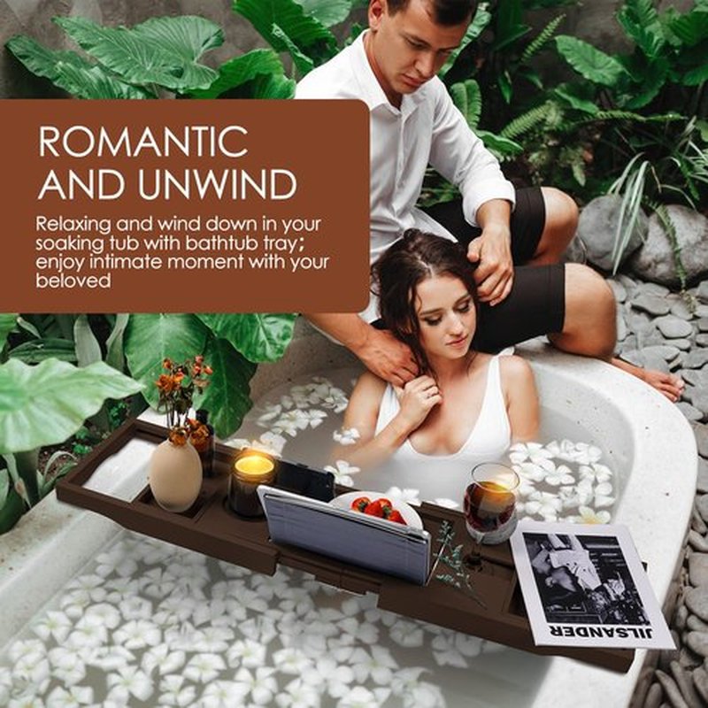 Foldable Bathtub Caddy Tray, Bamboo Bath Tub Tray Table for Tub with Wine Glass Holder Book Phone Tablet Holder with Extending Sides, Adjustable Bathroom Bathtub Free Soap Holder Gift Idea (Brown)