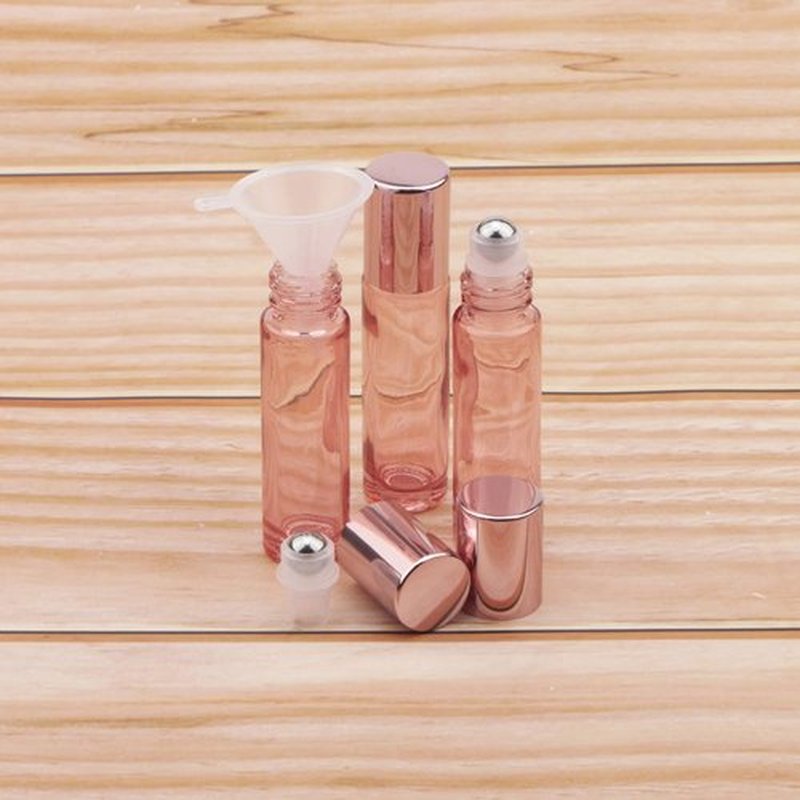 Newzoll 8 Pcs Roller Bottles Set, 10 ml (1/3 oz) Roller Bottles with Funnels & Opener, Glass Roll-on Bottles Vials for Perfumes Aromatherapy Essential Oils Liquid, Rose Gold