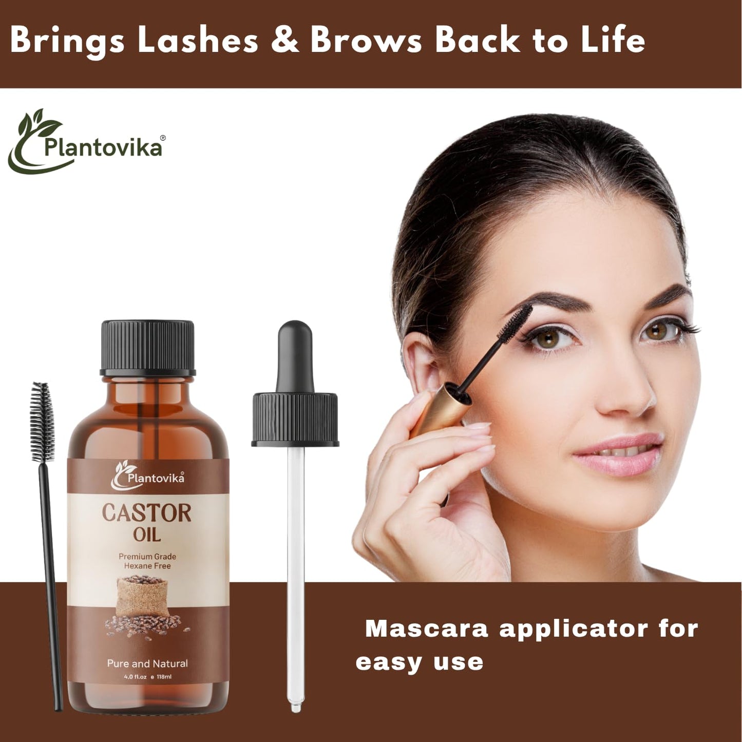 Plantovika Castor Oil for Hair, Eyelashes & Eyebrows – 100% Pure Cold-Pressed Castor Oil with Vitamin E, Moisturizing Oil for Hair, Scalp, Lashes & Skin (4 Fl Oz)
