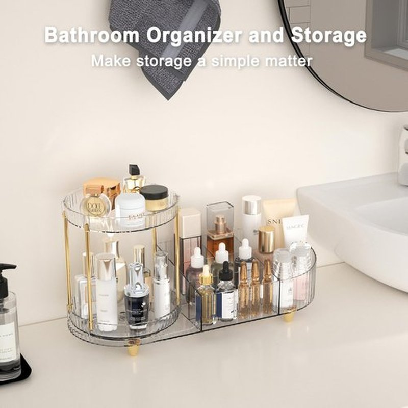Lulltou Rotating Makeup Organizer Countertop with Perfume Tray for Vanity, 2-in-1 Cosmetic Organizer and Storage Holder, Large Desk Makeup and Skincare Organizers for Counter Bathroom Dresser