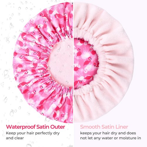 Shower Cap for Women Terry Lined Bath Cap Large Reusable Waterproof Elastic Band Pink Flamingo Shower Caps for Long Thick Hair Soft Bath Shower Hair Caps