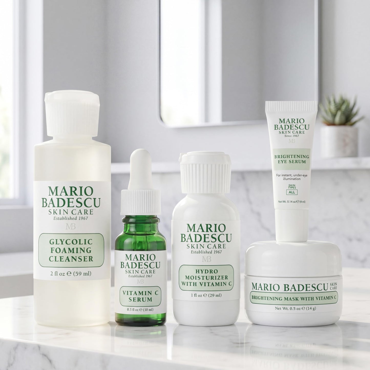 Mario Badescu Good Skin Is Forever & Bright 5-Piece Skincare Set – Glycolic Cleanser, Vitamin C Serum, Hydro Moisturizer, Brightening Mask & Eye Serum for Radiance