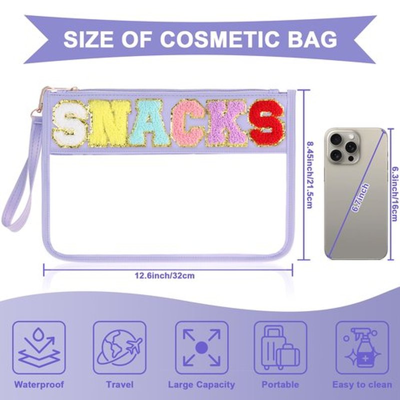 TESAFNG Snack Bag for Travel - Clear Chenille Varsity Letter Flat Pouch with Zipper, Waterproof Clear PVC&PU Preppy Patch Makeup Cosmetic tote Bags for Women Girls (Purple-Snacks)