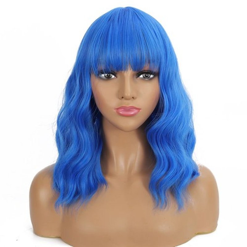 QACCF Short Wavy Shoulder Length Women Full Bang Heat Resistant Wig (Dark Blue)