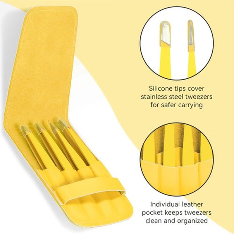 FACEMADE 4 Pack Tweezers Set - Professional Stainless Steel Tweezers for Men and Women, Precision Eyebrow Tweezers for Facial Hair, Chin, and Ingrown Hair Removal (Yellow)