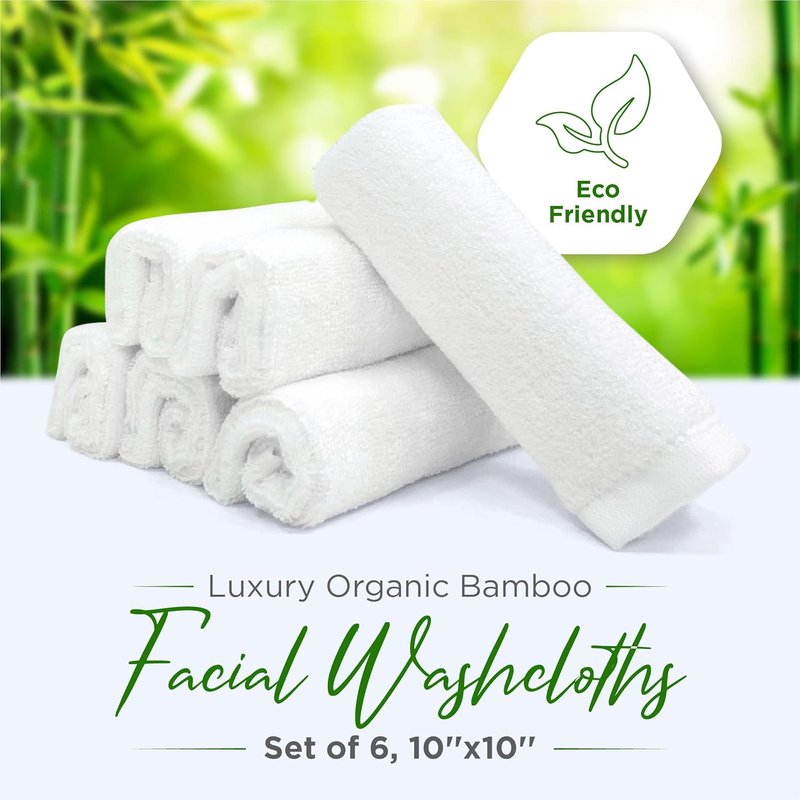 Luxury Bamboo Facial Washcloths - Reusable Makeup Remover, Gentle for Sensitive Skin | Set of 6, 10"x10" (White)