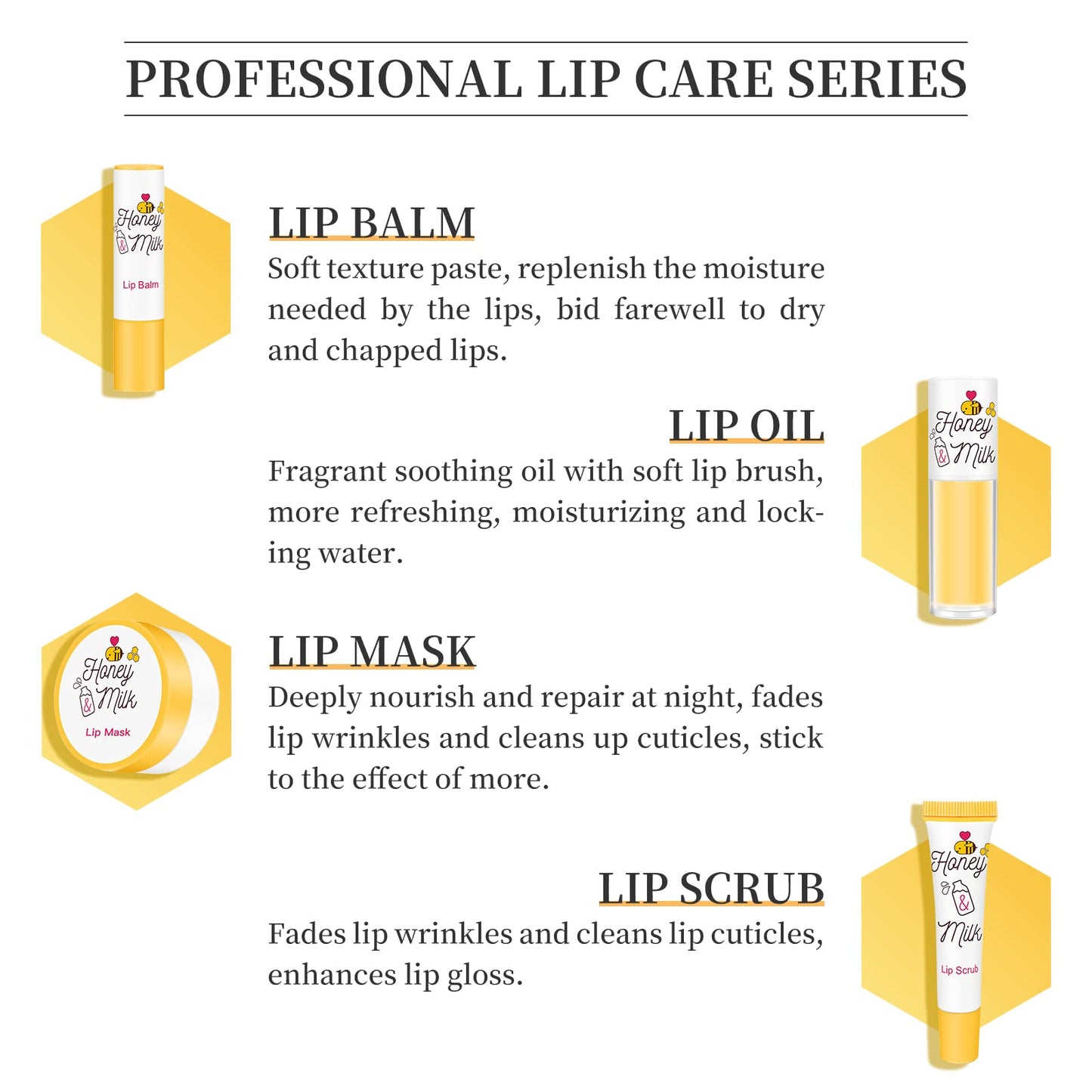 LSxia 4 Piece Honey Milk Lip Mask Lip Balm Lip Scrub Lip Oil Lip Care Kit