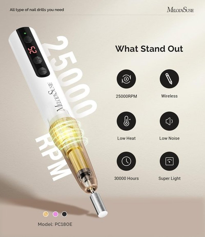 MelodySusie Rechargeable Cordless Electric Nail Drill,PC180E 25000RPM Portable Nail Efile for Acrylic Gel Dip Powder Nails, 25 Speeds with Nail Drill Bits Sanding Bands (Gold)