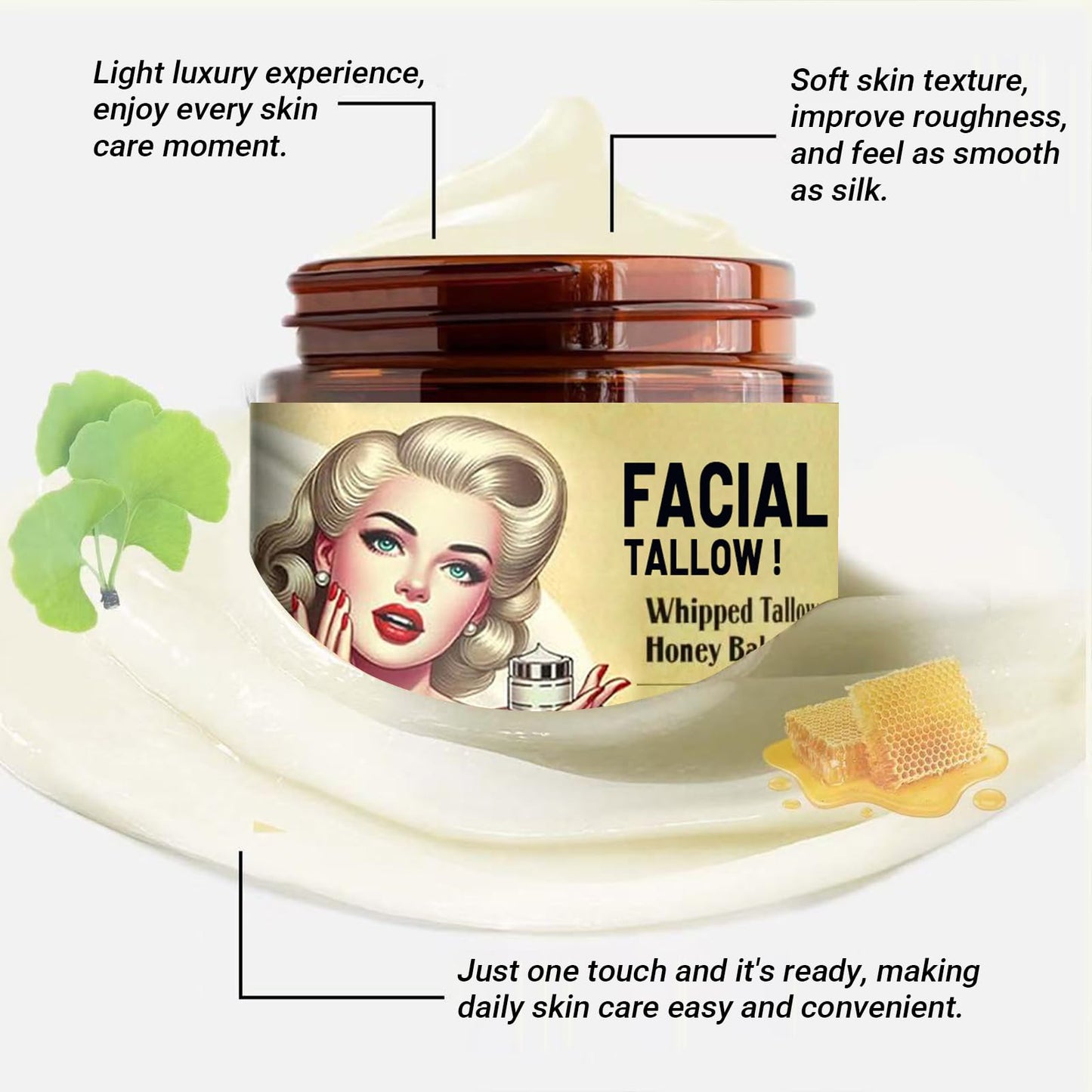 Whipped Tallow Honey Balm, Advanced Tallow and Honey Balm, Whipped Beef Tallow and Manuka Honey Balm, Beef Tallow for Skin, Moisturizing Skincare Natural Ingredients Suitable for All Skin Types (2 Pack)