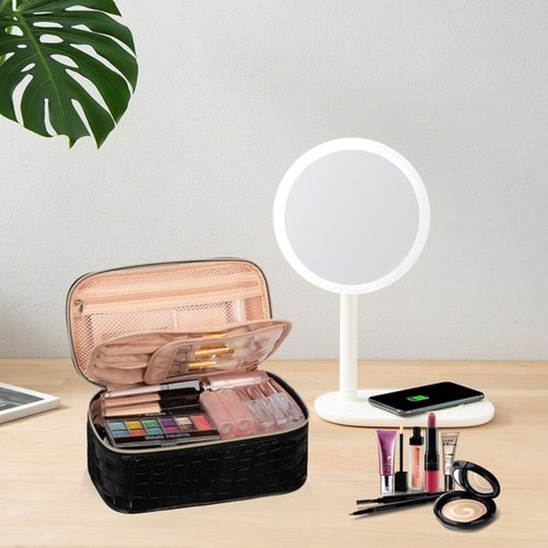 OCHEAL Small Cosmetic Bag,Portable Cute Travel Makeup Bag for Women and girls Makeup Brush Organizer cosmetics Pouch Bags-Black Leather