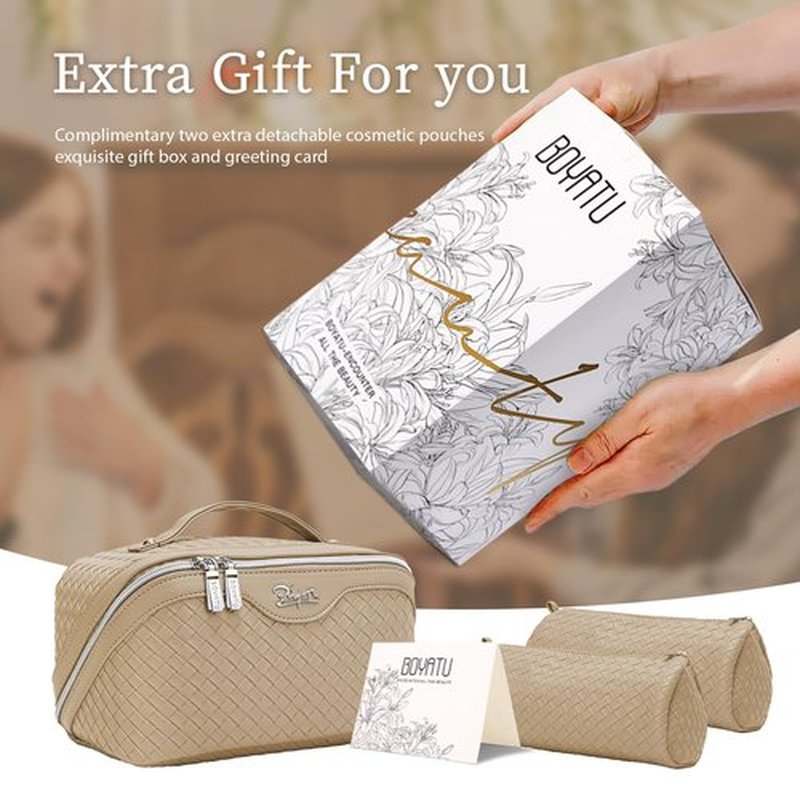 BOYATU Makeup Bag Travel Cosmetic Case: Large Capacity Woven Cosmetic Bag Organizer - Portable Toiletry Bags with Handle for Women 1-Z-Apricot