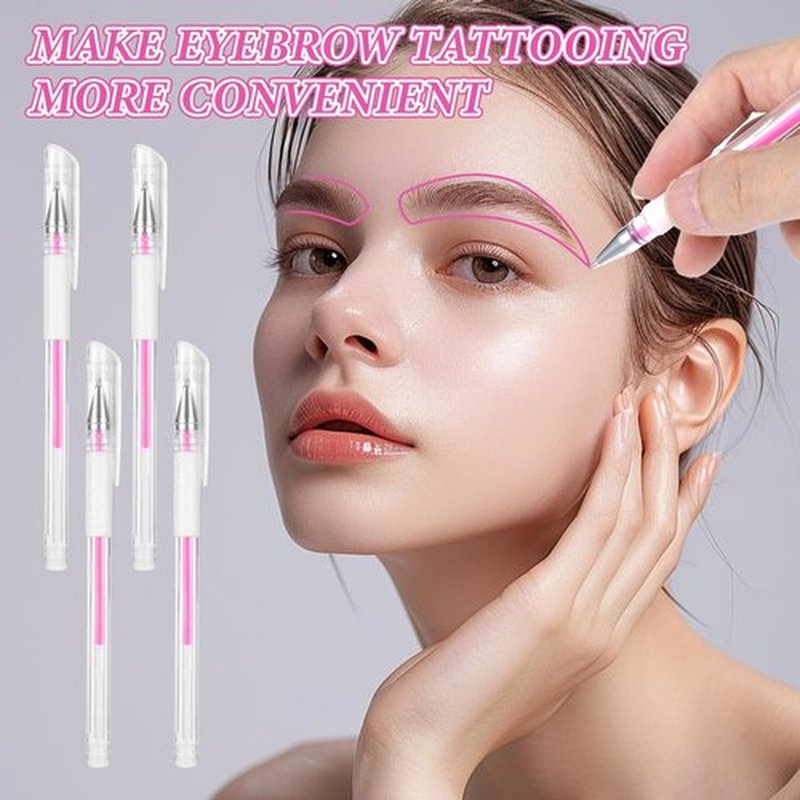 Eyebrow Microblading Marker Pen, 4 Pcs Brow Mapping Pens with with 8 Replacement Refills, Makeup Tattoo Skin Marker Pen, Brow Lamination Supplies for Eyebrow Lip Skin(Pink)