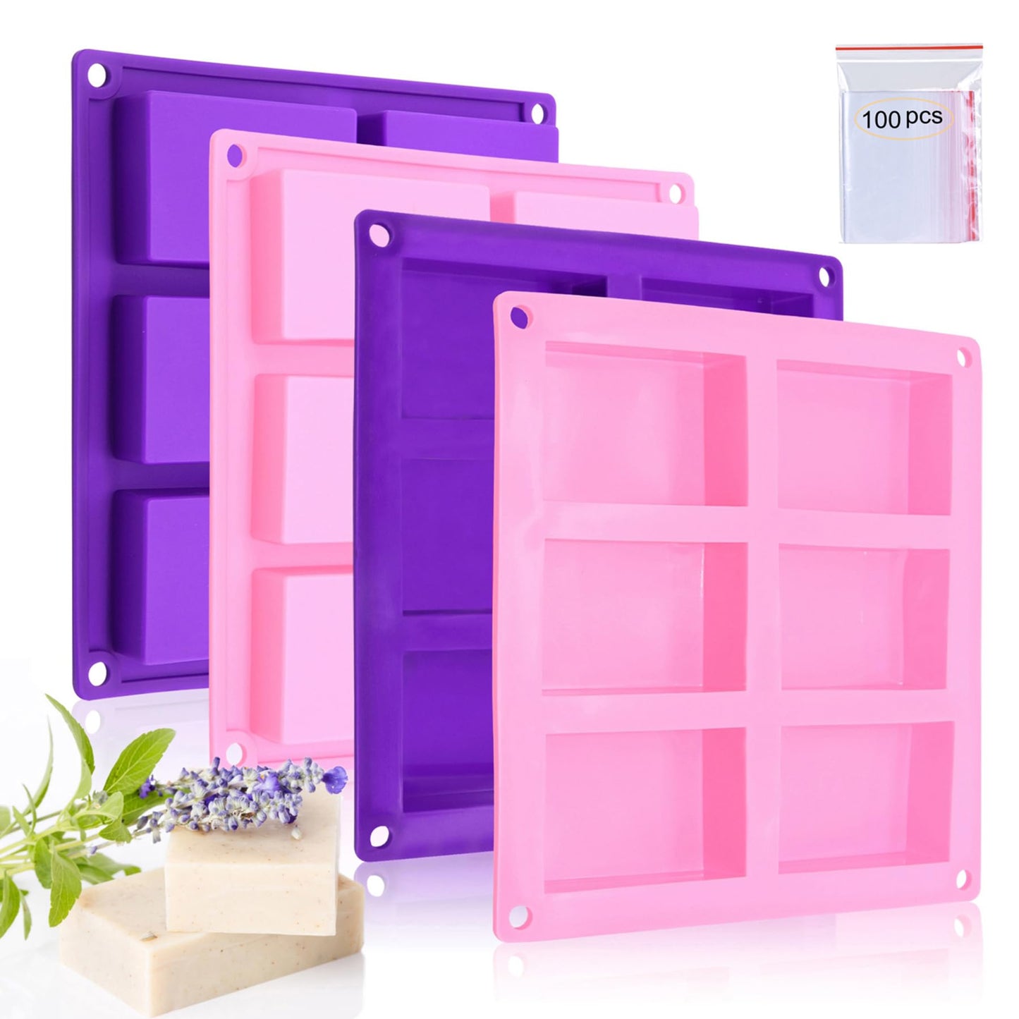 Bangp 4 Pack Silicone Soap Molds,Rectangle Soap Mold,6 Cavities Silicone Molds for Craft Soap Making,Chocolate, Cake Molds,with 100pcs 3.5x5 inches Bags