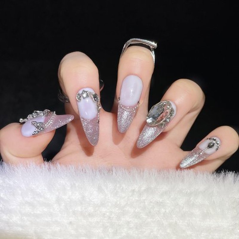 CAMILCY Handmade Nails Press on Almond nail long pointed pink crystal bow design Hand Painted Reusable Gel UV Finished Pre Shaped False Nails for Women 10pcs 3D Handmade Nails (A017 L)