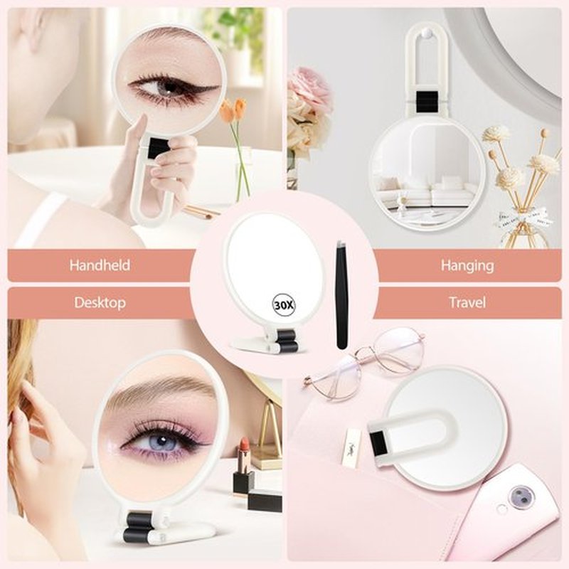 B Beauty Planet Hand Mirror, 30X Magnifying Mirror on Stand, Double Sided Magnifying Mirror with 30X/1X Magnification, 360°Adjustable Handle, Portable Travel Makeup Mirror for Eyebrow Plucking White
