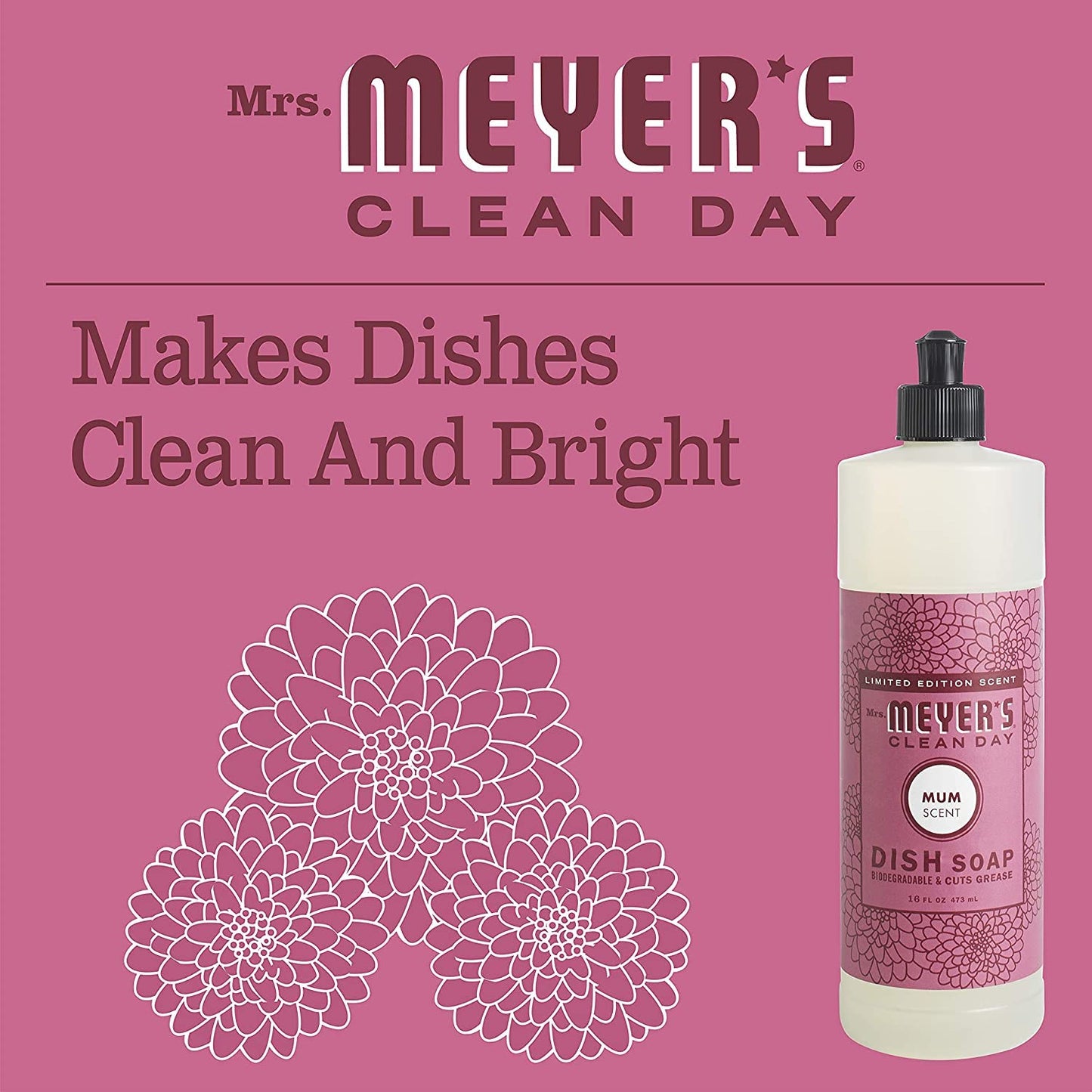 Mrs. MEYER'S Clean Day Liquid Dish Soap, Mum, 16 Fl Oz. (Pack of 3)