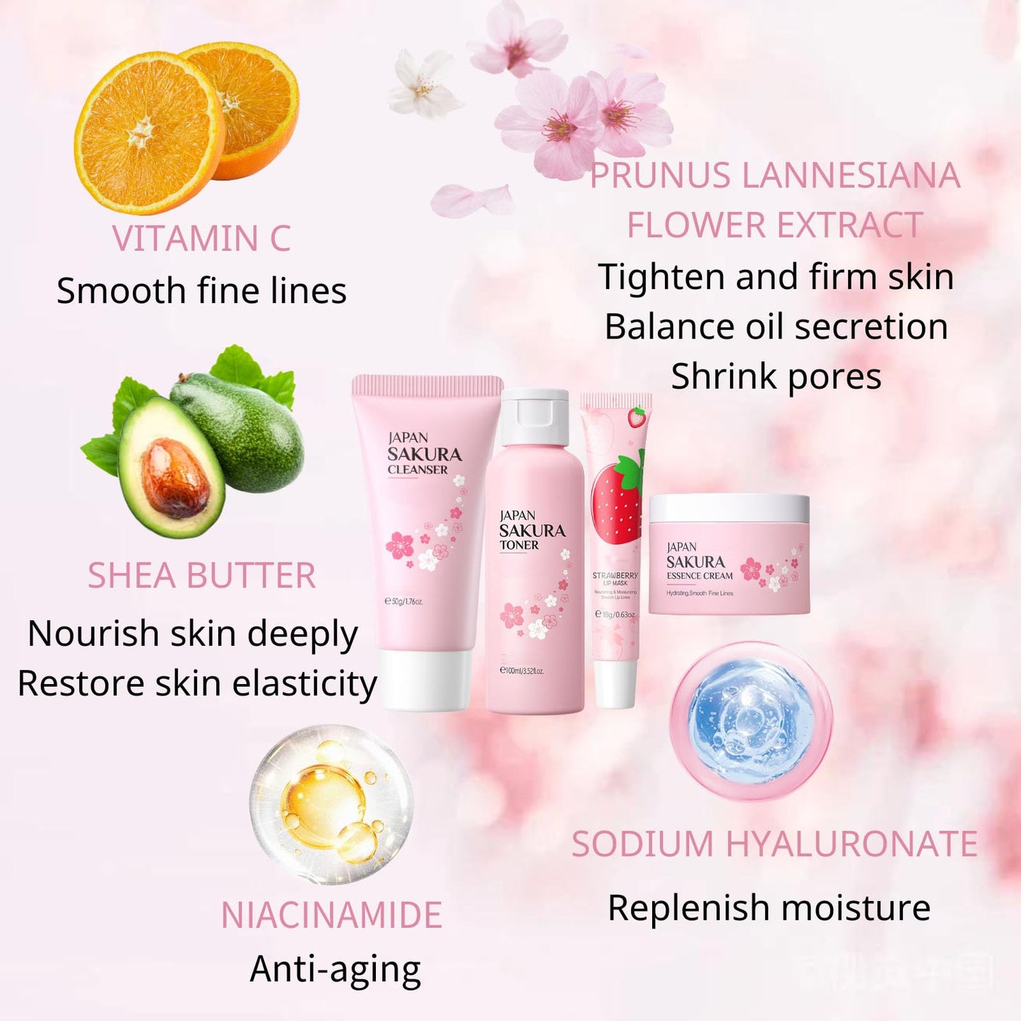 Cherry Blossom Skincare Set Women Gifts - Skin Care Set Hydrating - Skincare for Girls 10-12 Moisturizing - Travel Kit with Cleanser,Toner,Lip Mask,Cream(One Size, Cherry Blossom 6PCS Scent)