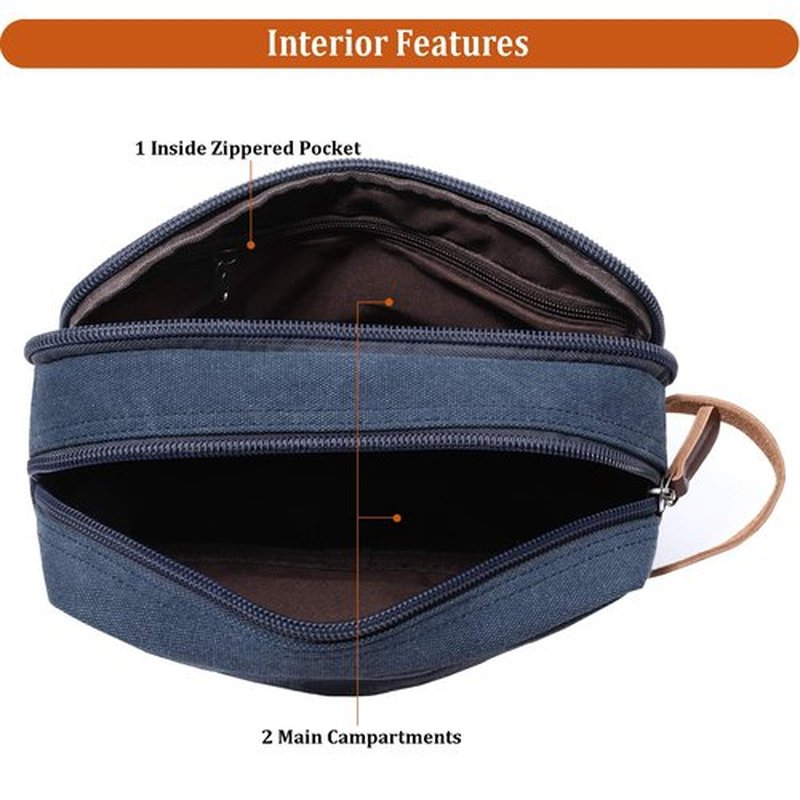 Mactso Mens Travel Toiletry Bag Canvas Leather Cosmetic Makeup Organizer Shaving Dopp Kits with Double Compartments (Blue 1)
