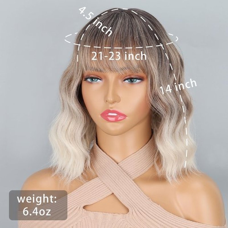 LINGHANG Ombre Blonde Wigs for Women Short Wavy Wig with Bangs Ash Blonde Bob Wig with Dark Roots Medium Length Natural Synthetic Hair for Daily Party,Cosplay