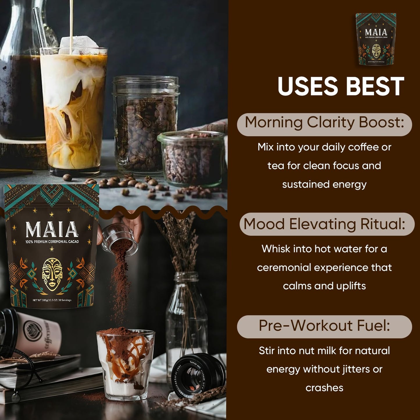 Maia Ceremonial Cacao, with Flavanol, nattokinase, Theobromine, Magnesium and Natural Flavonoids Blend, Supports Circulation, Arterial Health & Cardiovascular Wellness Zero Sugar 100% Pure and Natural