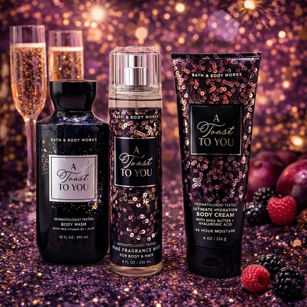 Bath & Body Works A TOAST TO YOU Fine Fragrance Mist, Ultimate Hydration Body Cream, and Body Wash 3pc Gift Set with 30-inch Silver Ribbon Bow for Gifts & Holidays – Full Size